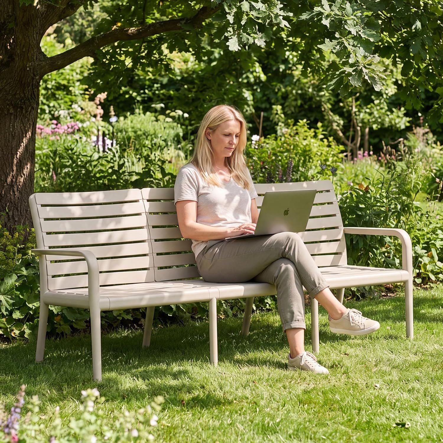 YeTrini outdoor couch on a garden bench setting