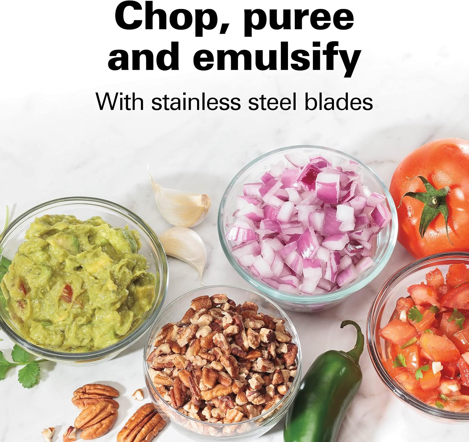 Chop, puree and emulsify with stainless steel blades