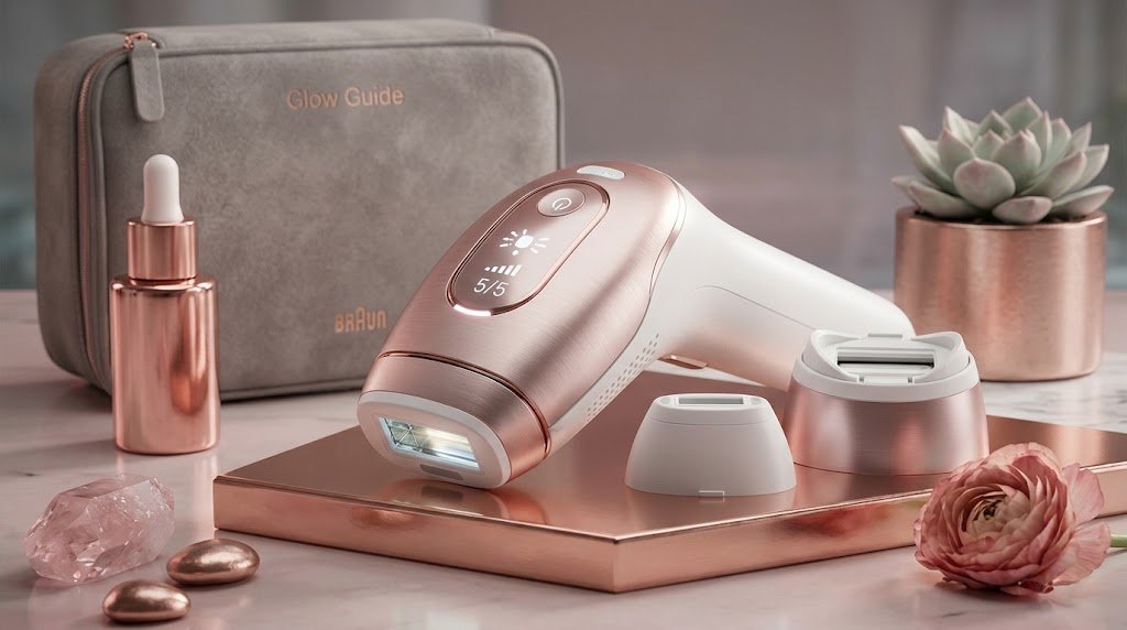 Professional rose gold at-home IPL hair removal device with interchangeable attachments and digital screen display.