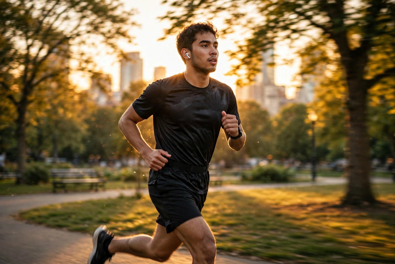 Young man wearing white wireless earbuds while jogging in a city park at golden hour