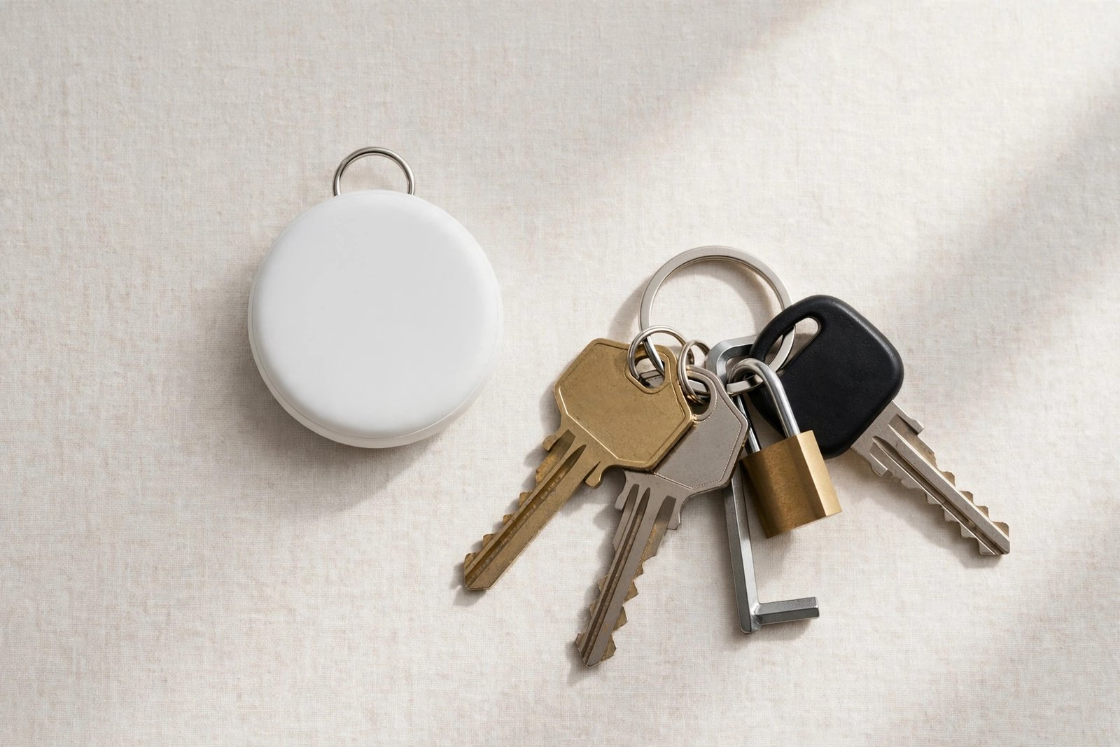 Apple AirTag tracker disc beside a set of keys, studio product shot