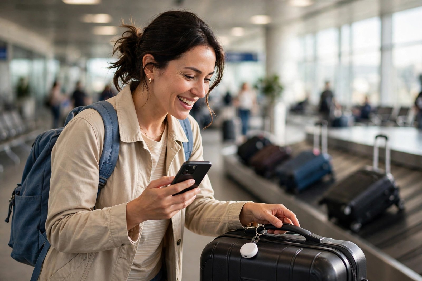 Traveler finding luggage at an airport with a phone and tracker keychain