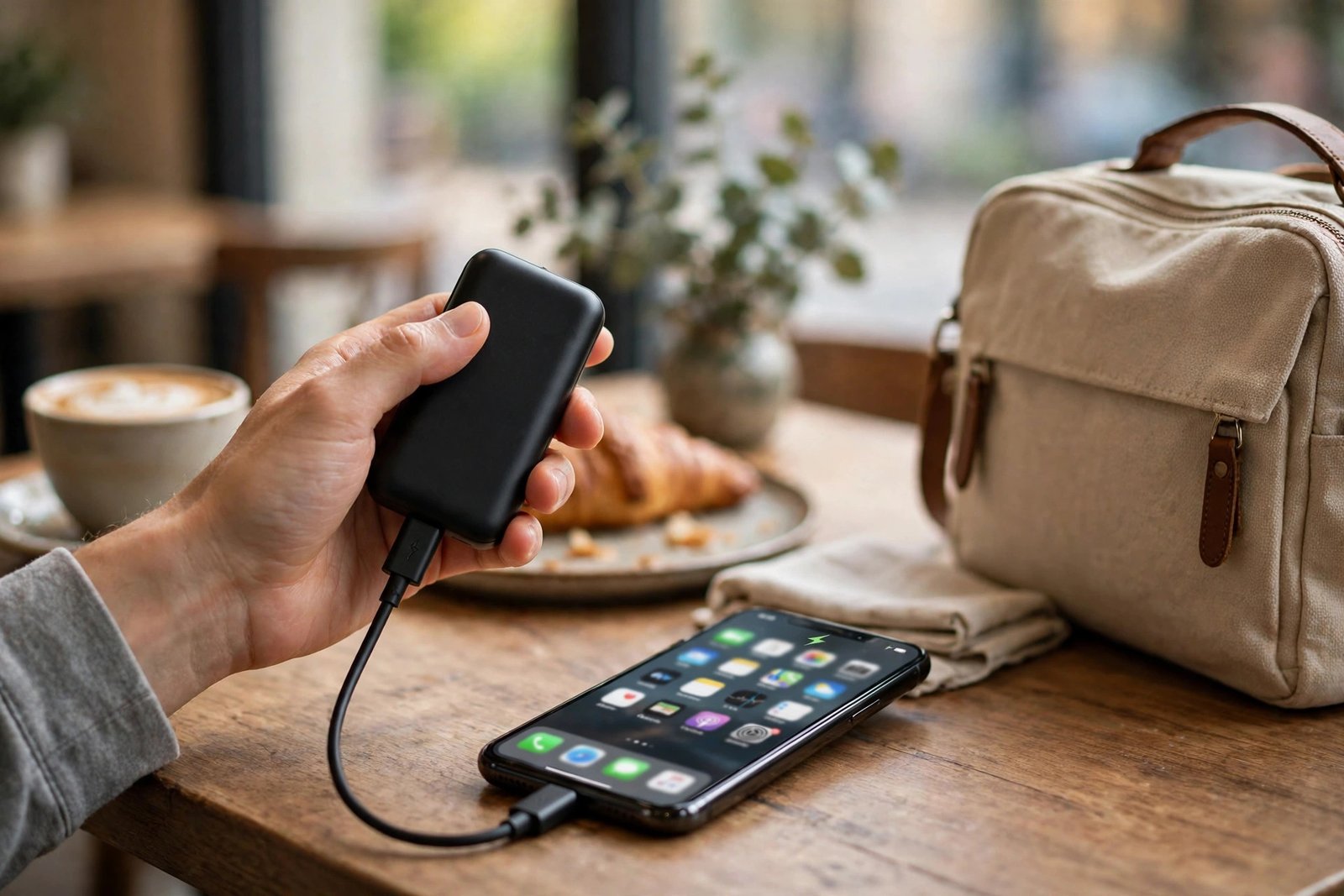 Hand holding a compact power bank charging a phone in a cafe