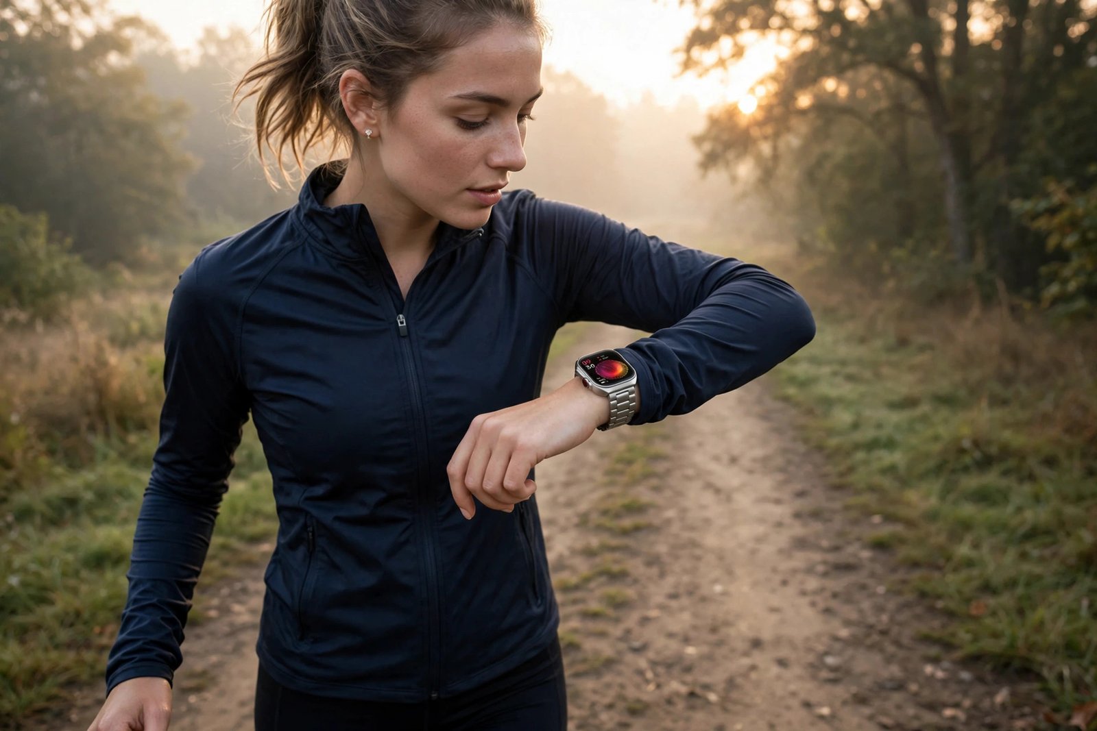Runner outdoors at sunrise checking a starlight smartwatch on their wrist