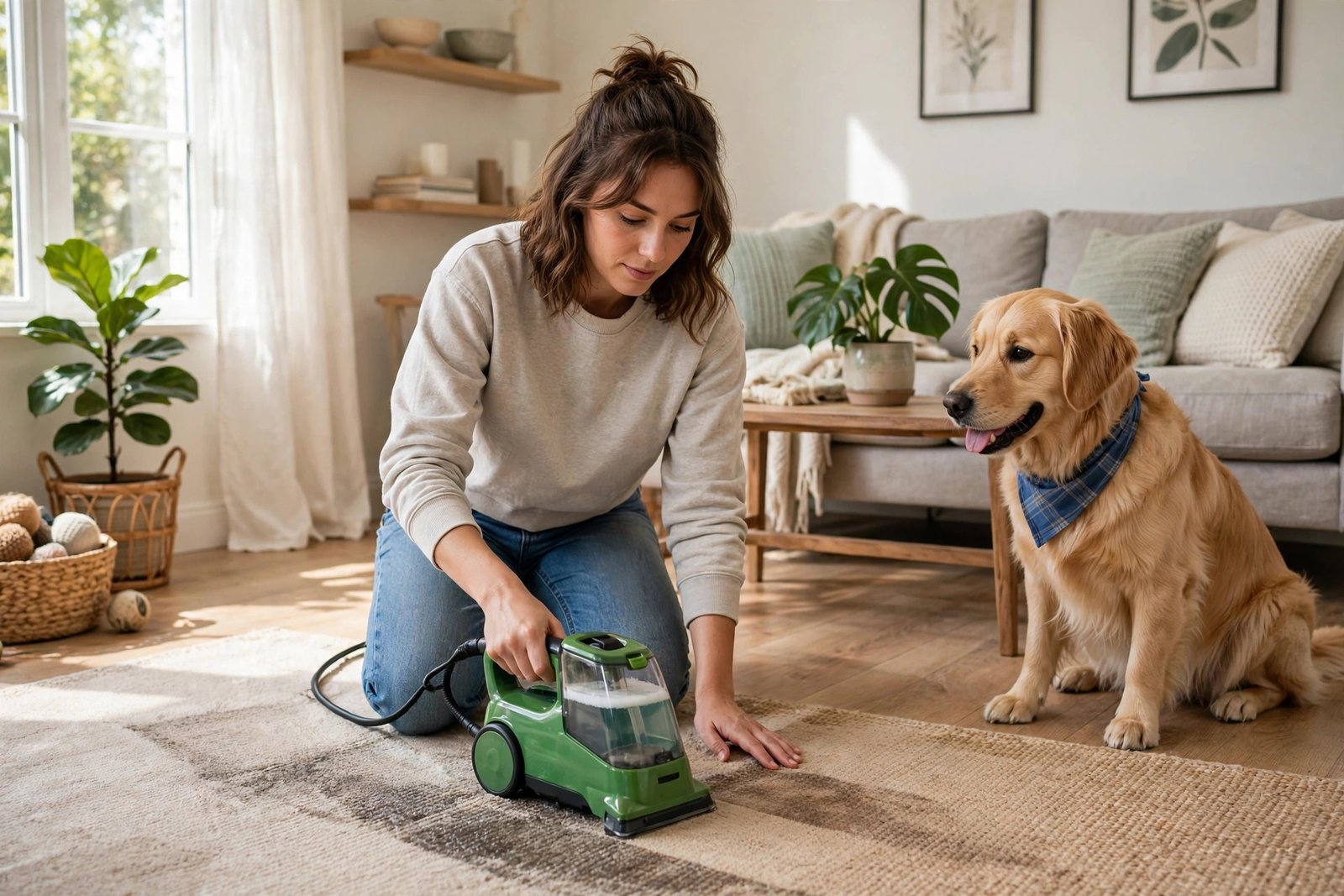 Pet owner cleaning a carpet stain with a green portable carpet cleaner in a living room