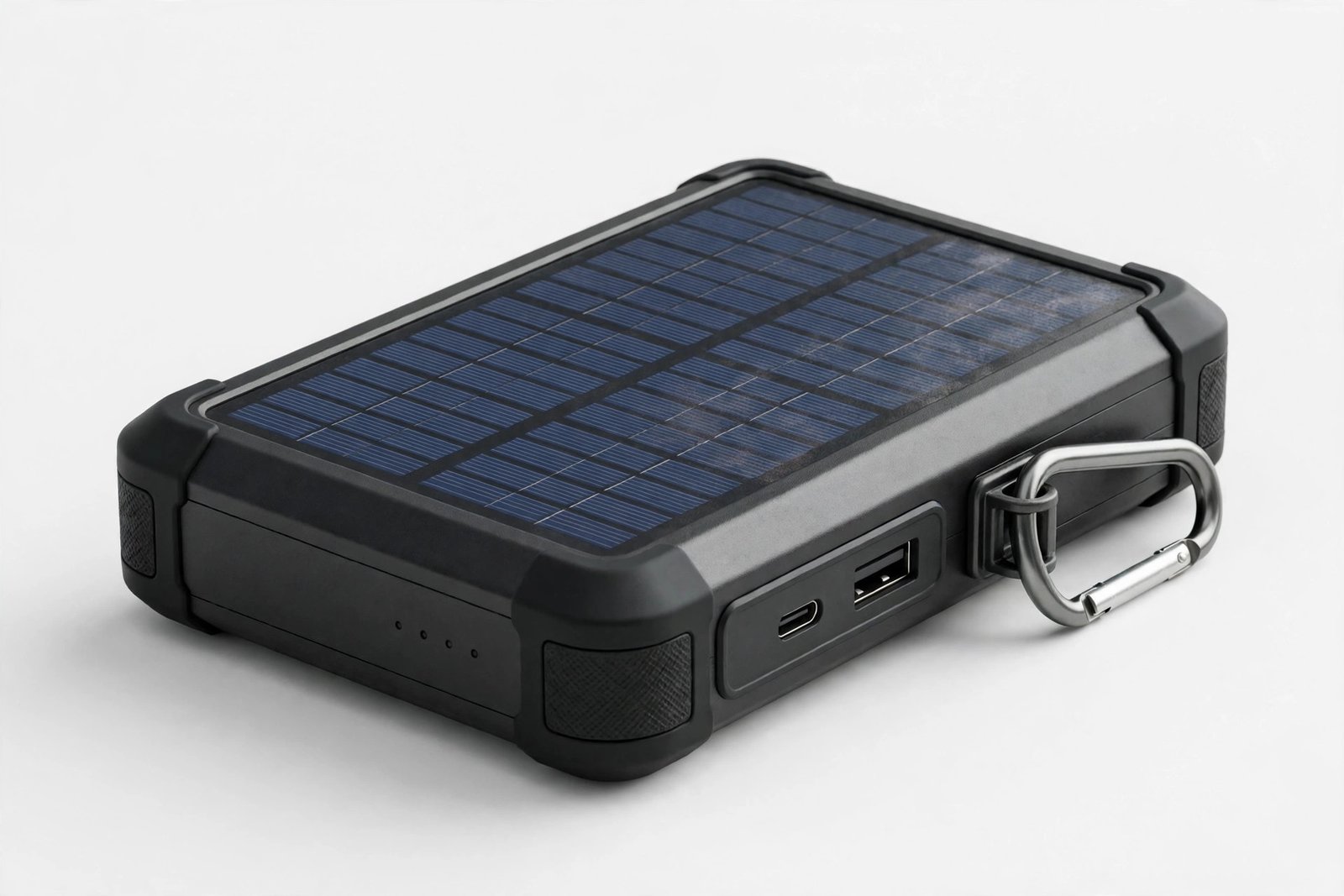 BLAVOR PN-W05 rugged black solar power bank with solar panel and carabiner product shot