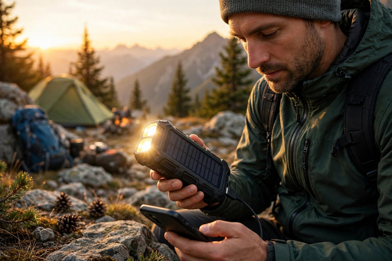 Hiker at a mountain campsite charging a smartphone from the BLAVOR rugged solar power bank with LED flashlight glowing at golden hour