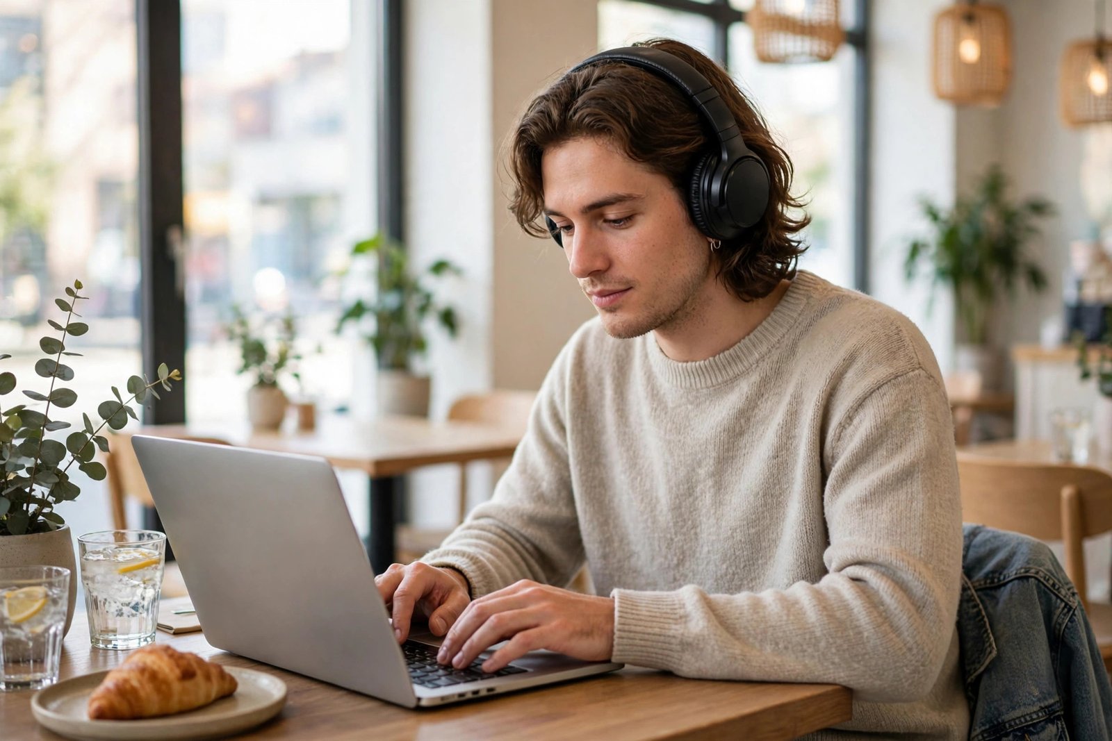 Person wearing black over-ear headphones working on a laptop in a cafe