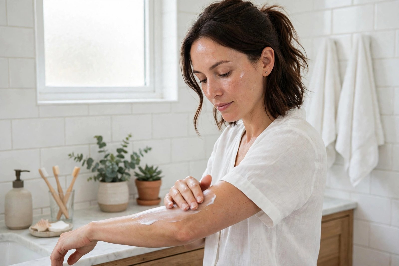 Person applying CeraVe moisturizing lotion to their arm in a bright bathroom