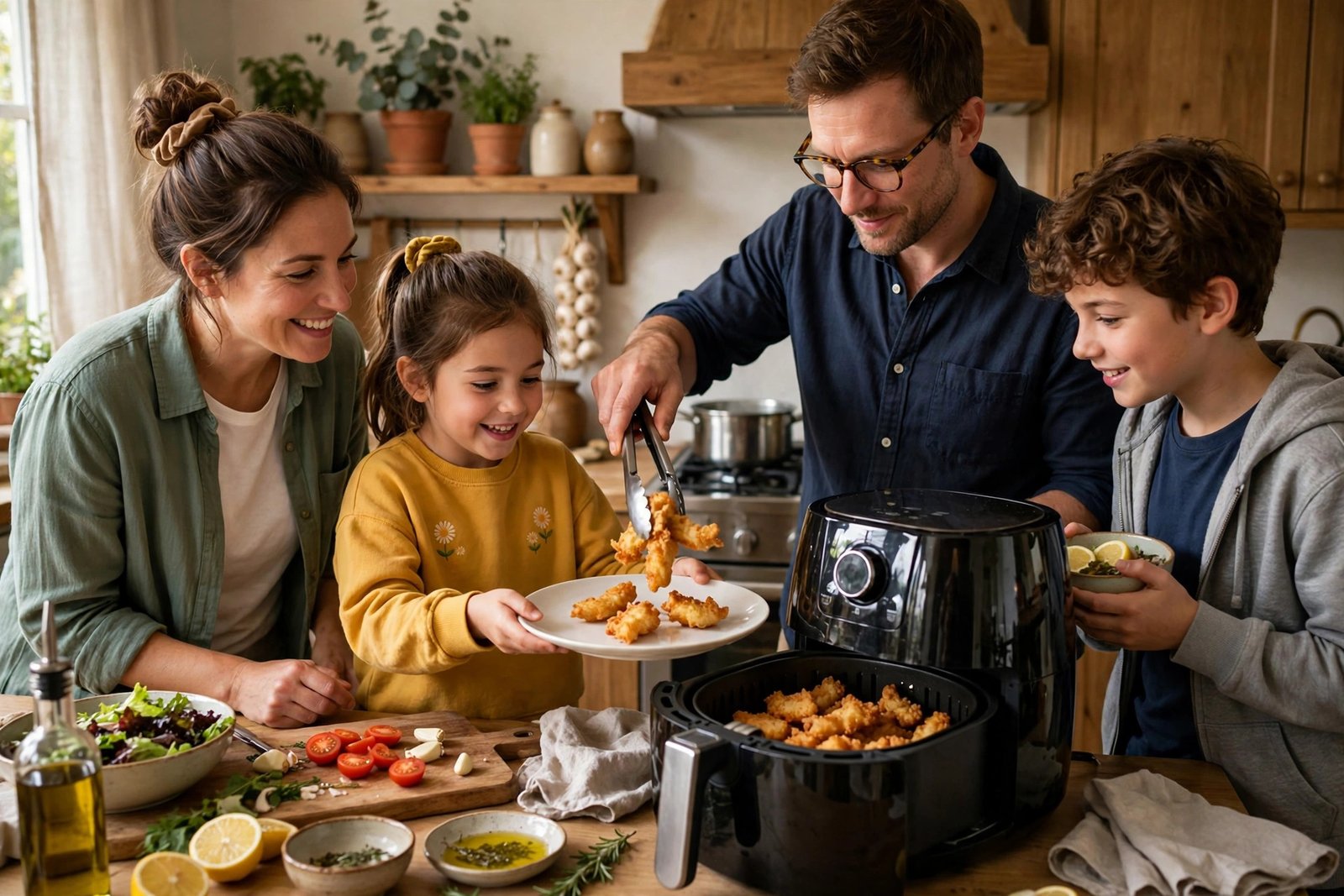 Family cooking together in a warm kitchen, lifting crispy food from an air fryer basket