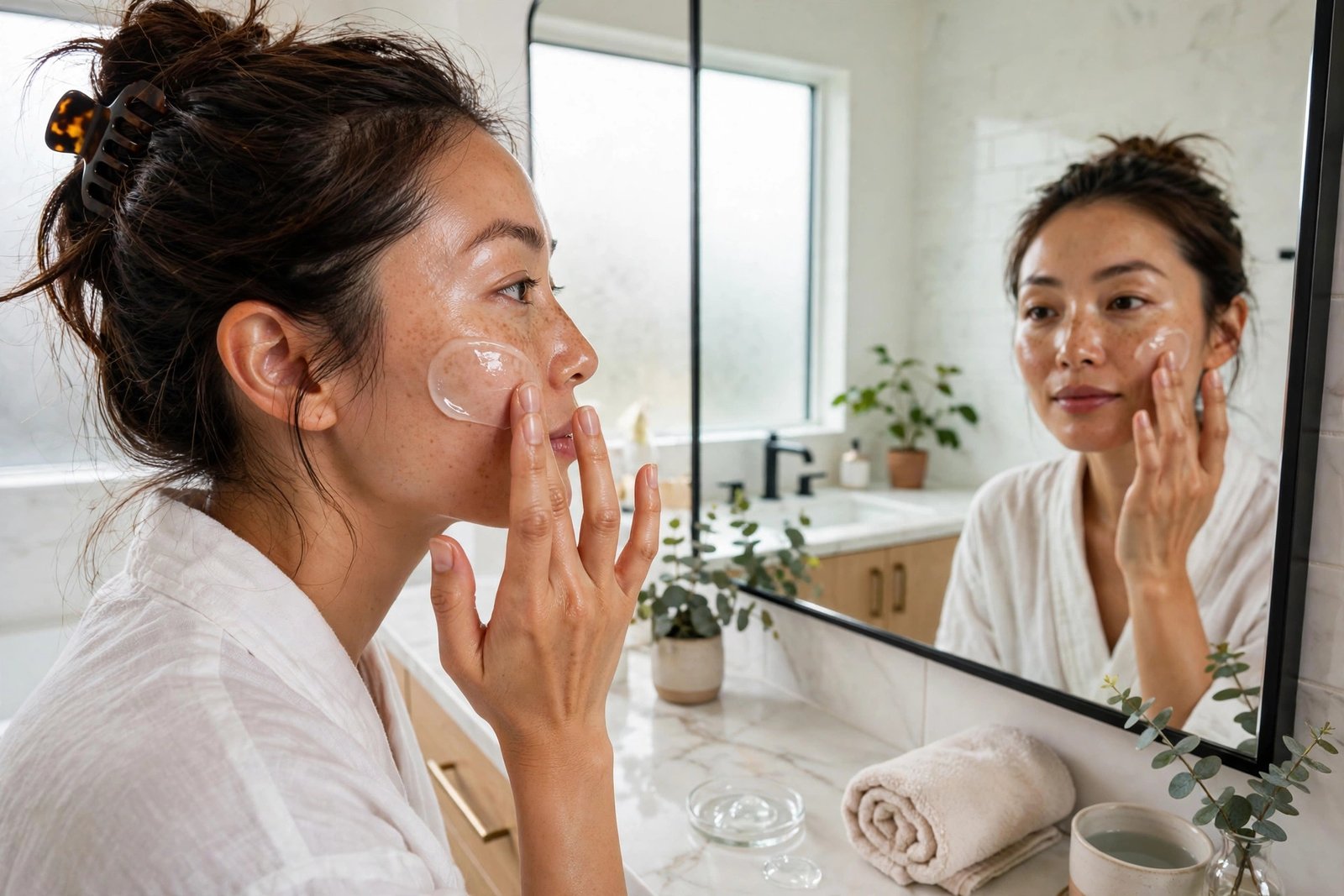 Woman applying clear snail mucin gel essence to her cheek in a bright bathroom mirror