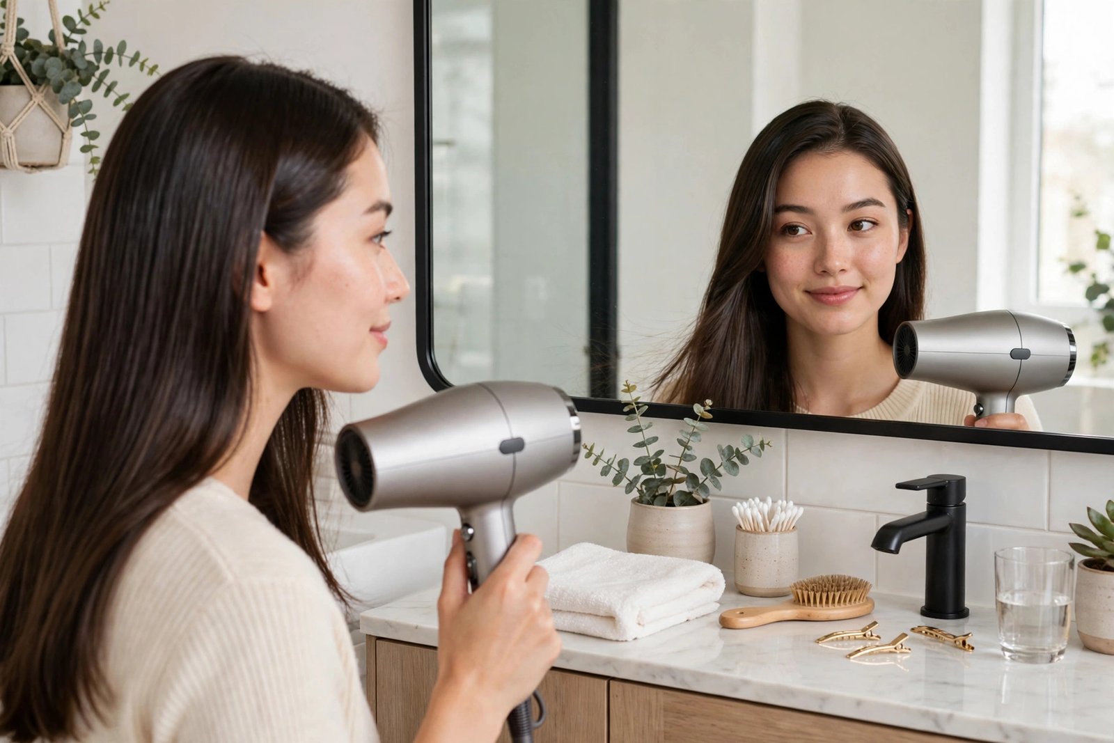 Woman styling her hair with a premium hair dryer in a bright bathroom