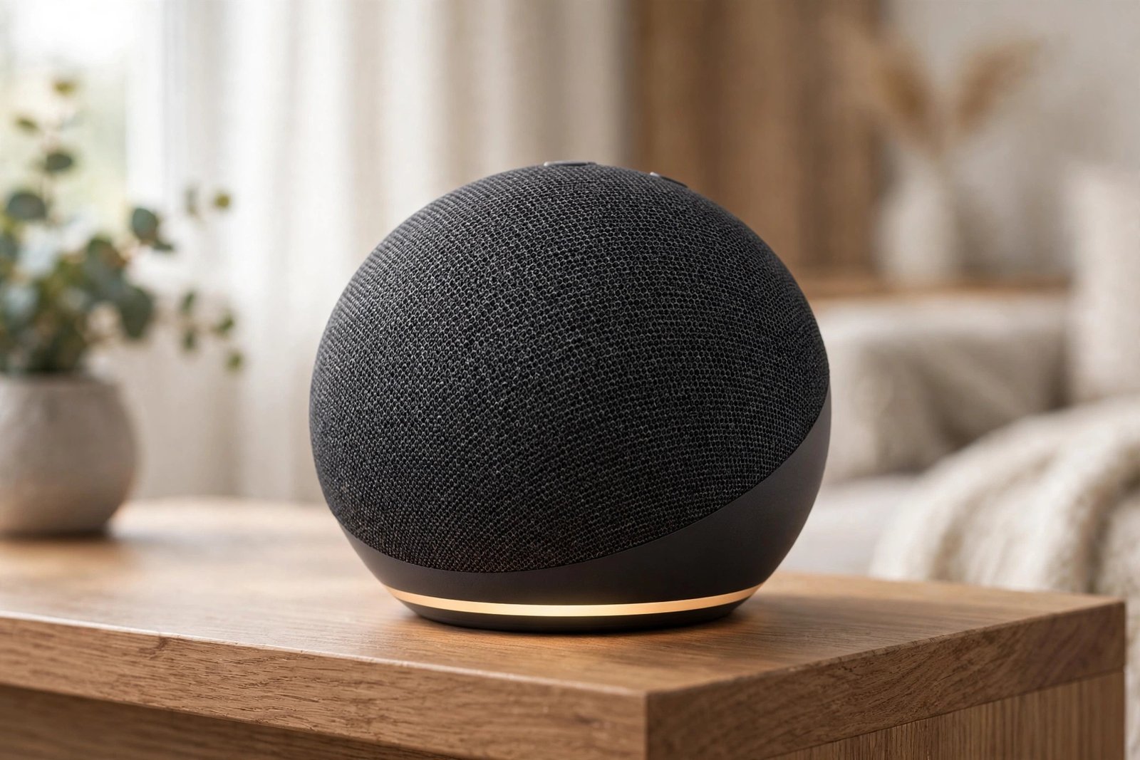 Amazon Echo Dot (5th Gen) charcoal smart speaker with glowing light ring on a side table