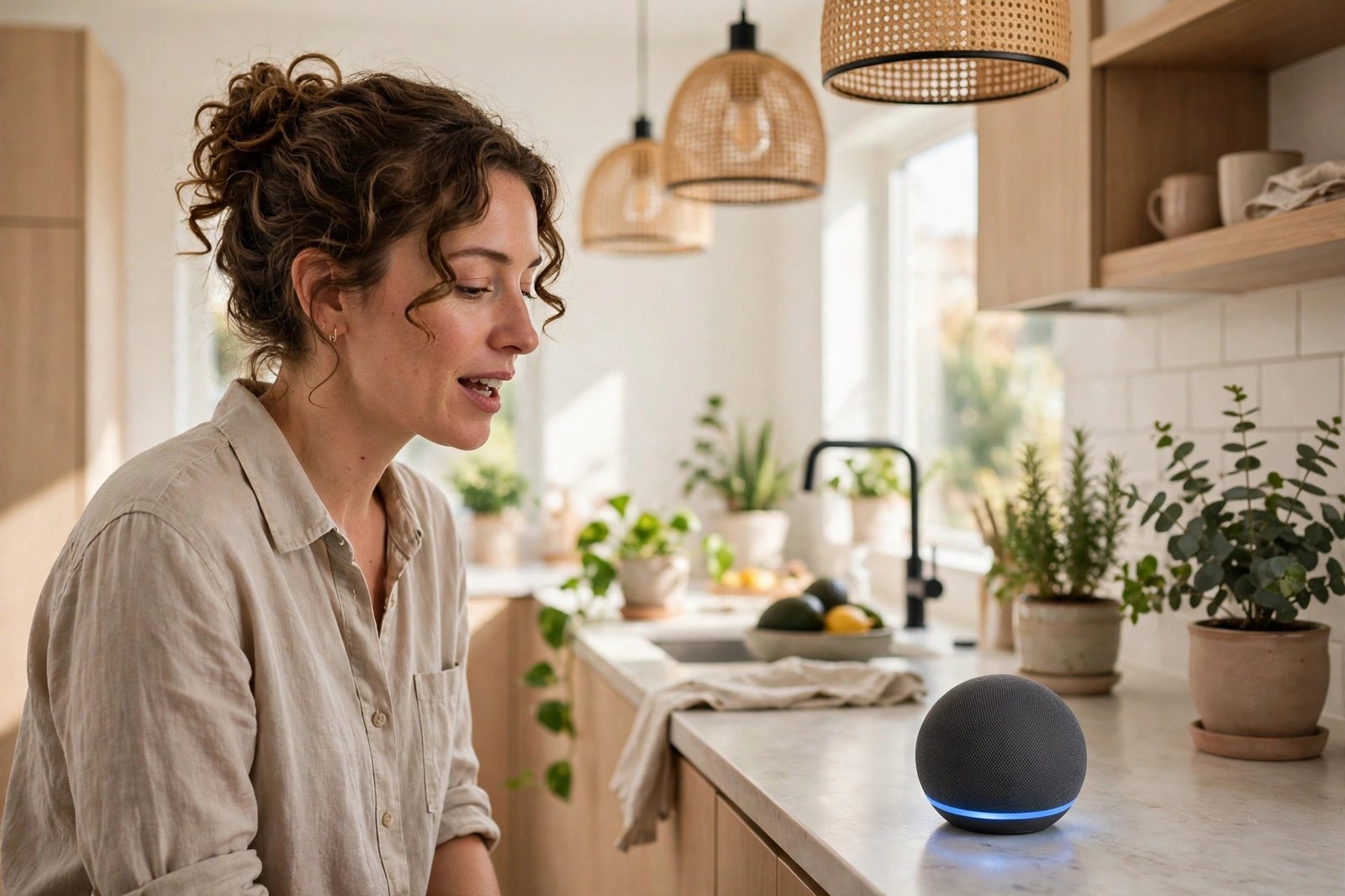 Woman in kitchen asking the Amazon Echo Dot to play music