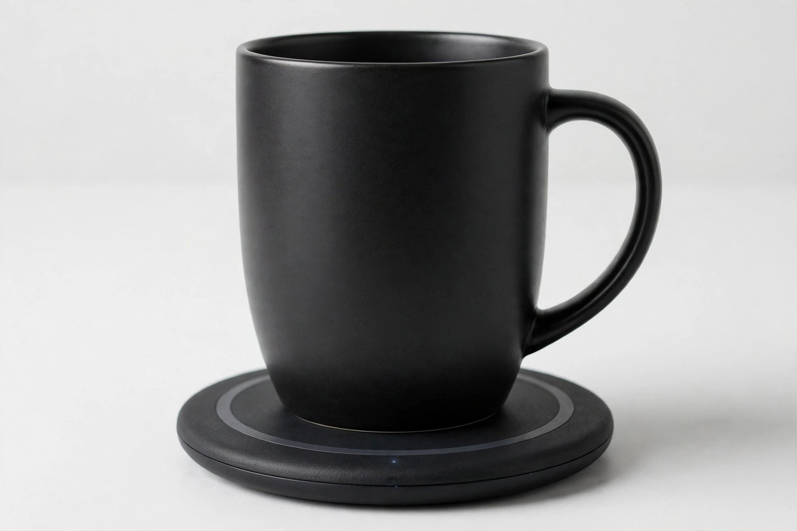 Ember Mug 2 black smart mug on its charging coaster, studio product shot