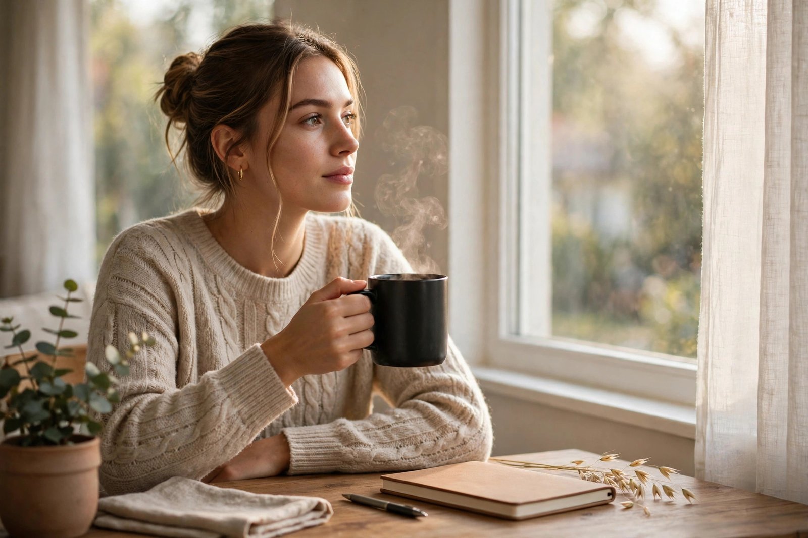 Person holding a black smart mug of coffee at a desk by a window in morning light