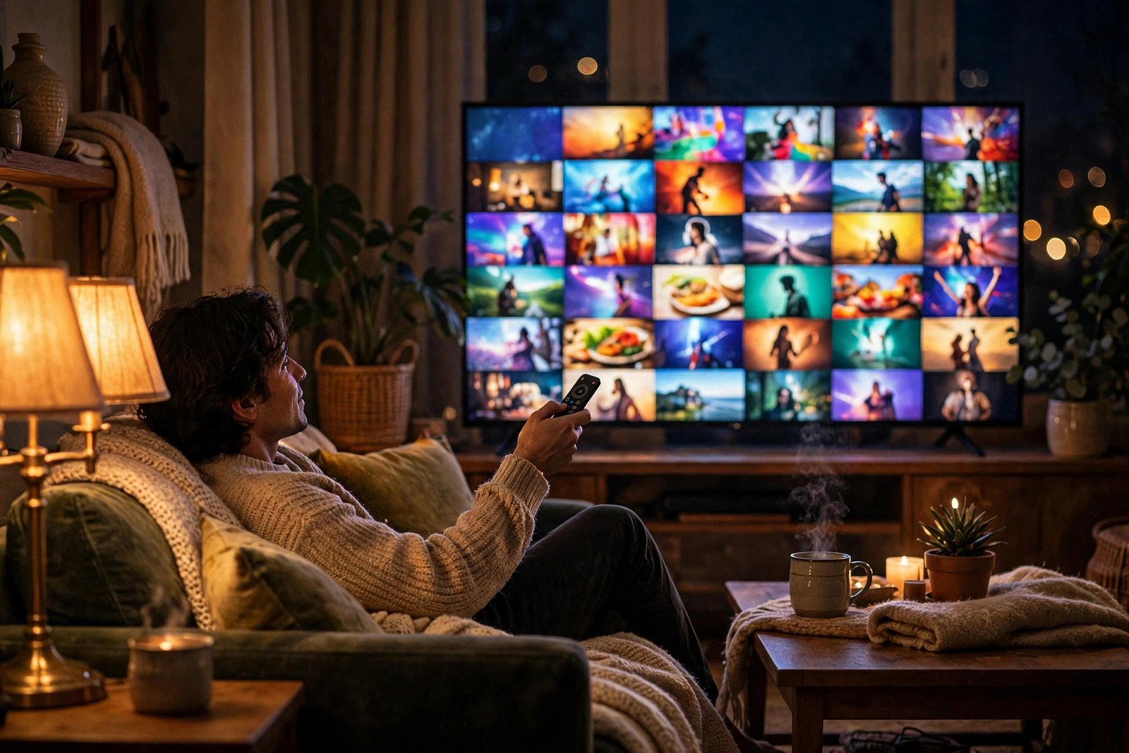 Living room at night with the Fire TV Stick 4K streaming on a big TV