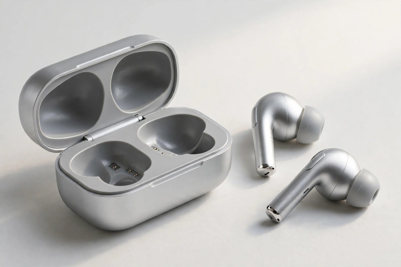 Samsung Galaxy Buds 3 Pro silver wireless earbuds beside their charging case, studio product shot