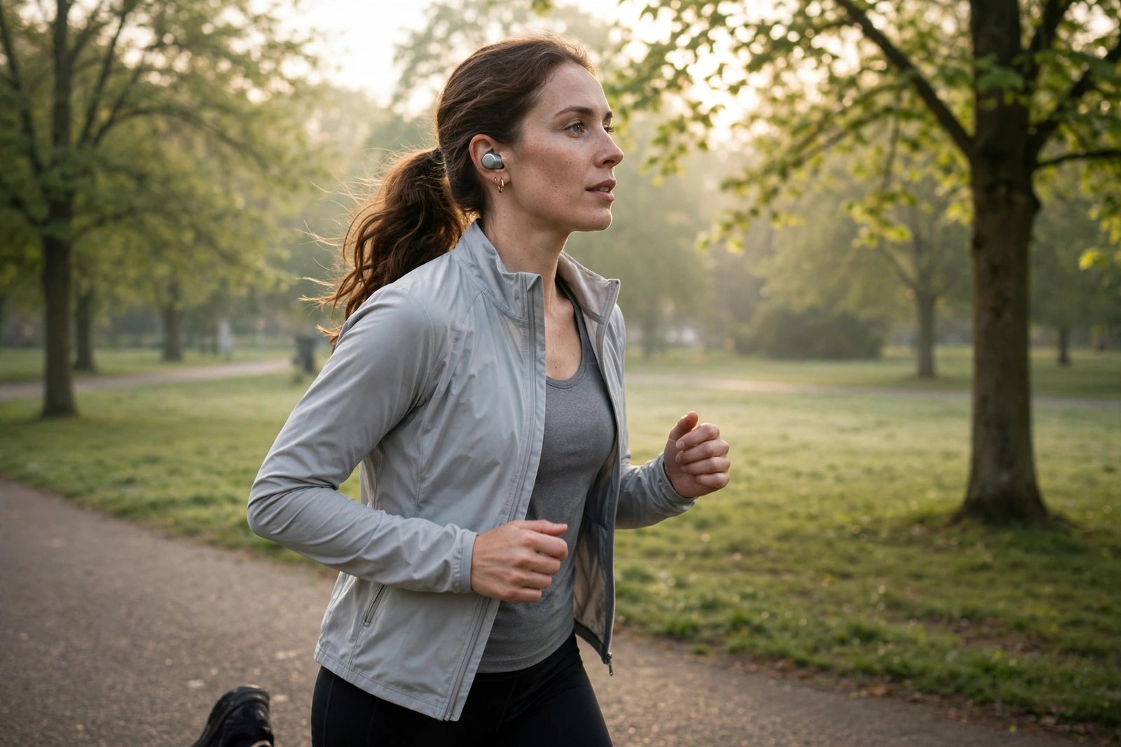 Person wearing silver wireless earbuds jogging in a park in morning light
