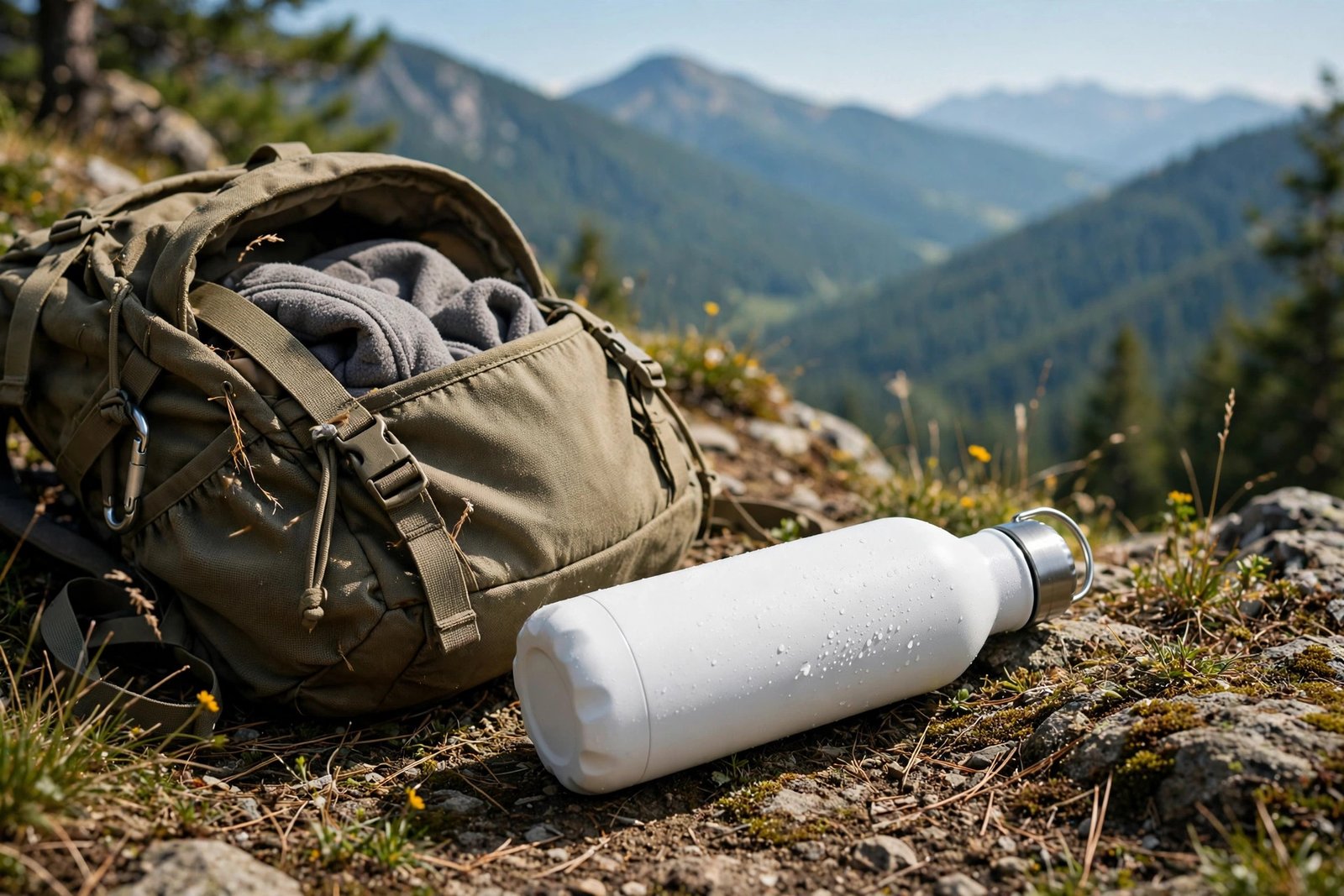 White insulated water bottle beside a backpack on a hiking trail viewpoint
