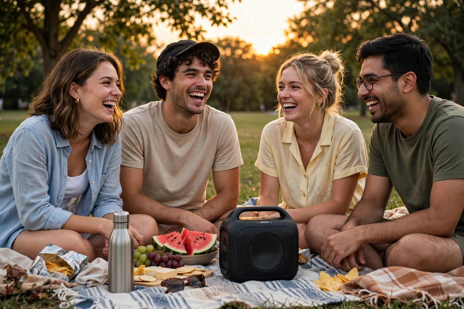 Friends enjoying music around a black portable speaker at an outdoor picnic at golden hour