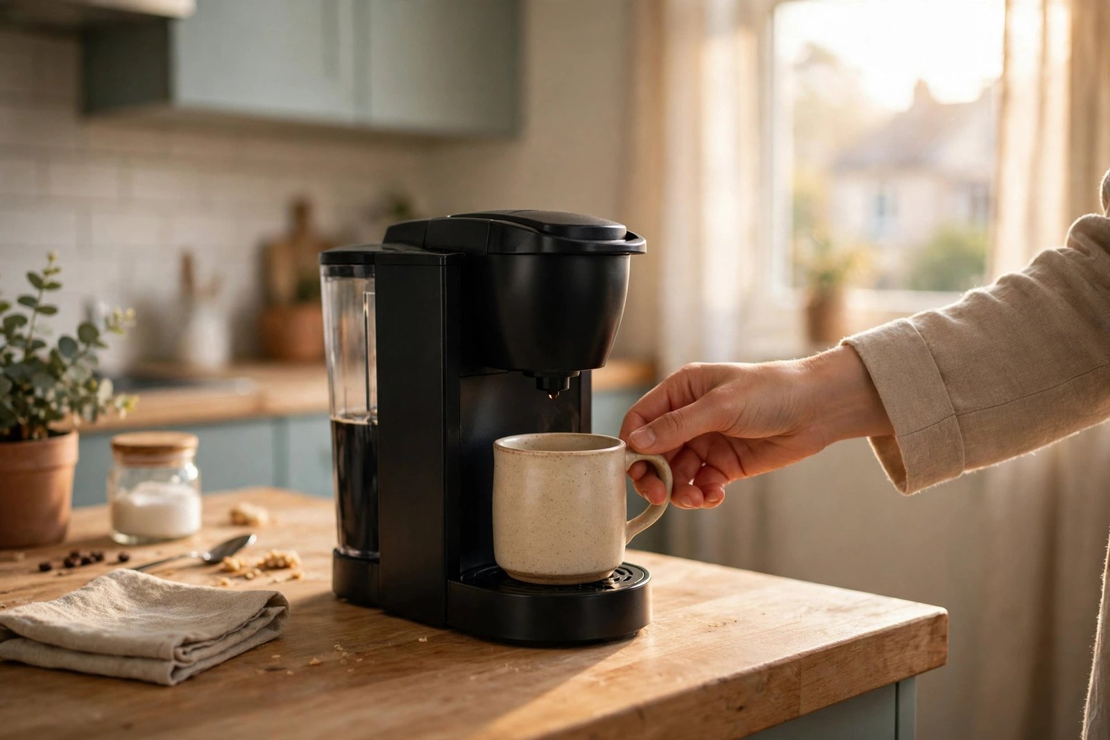 Morning kitchen scene with a hand placing a ceramic mug under a black Keurig K-Mini single-serve coffee maker