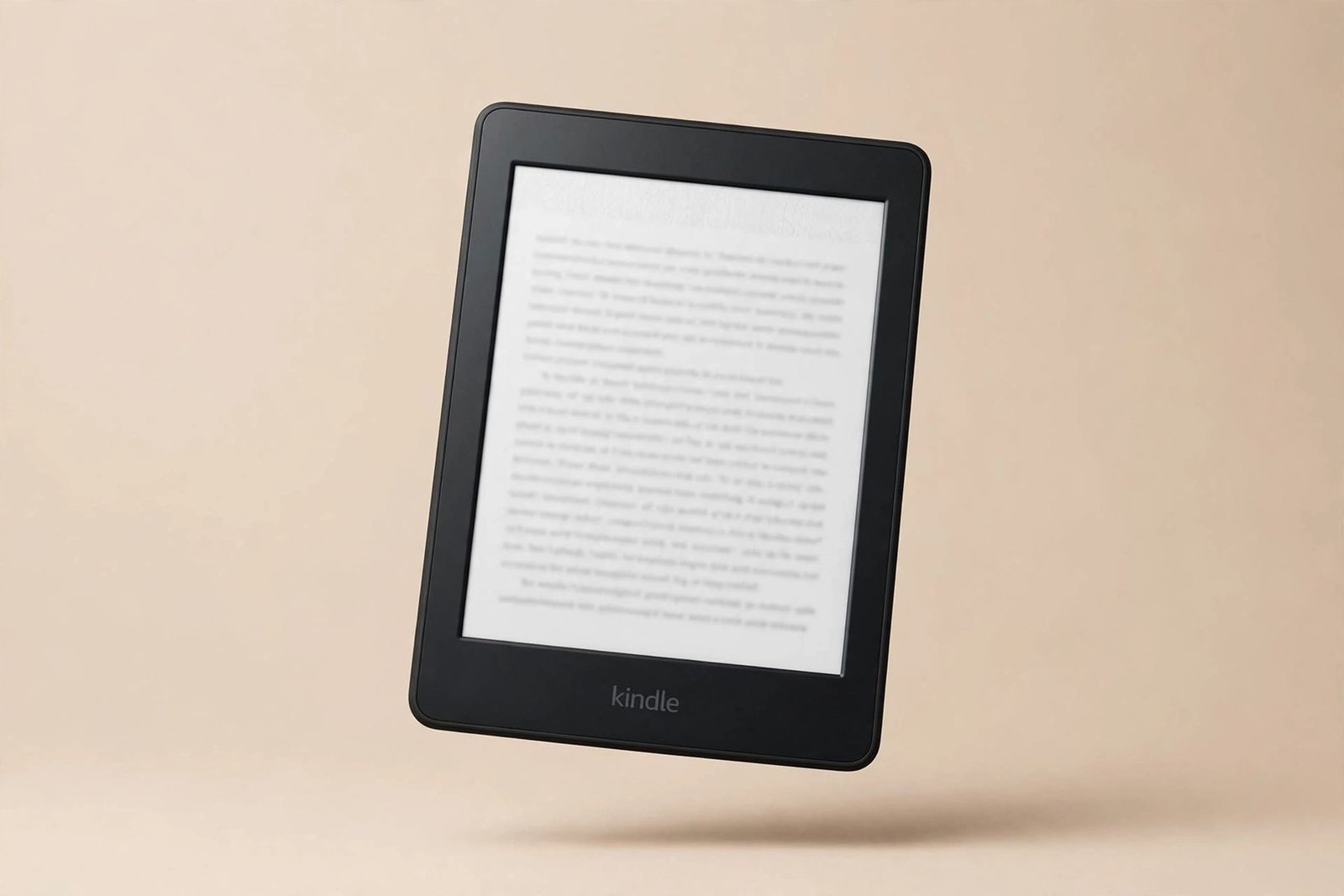 Amazon Kindle Paperwhite (2024) e-reader with 7-inch glare-free display showing an e-book page on a warm beige studio background