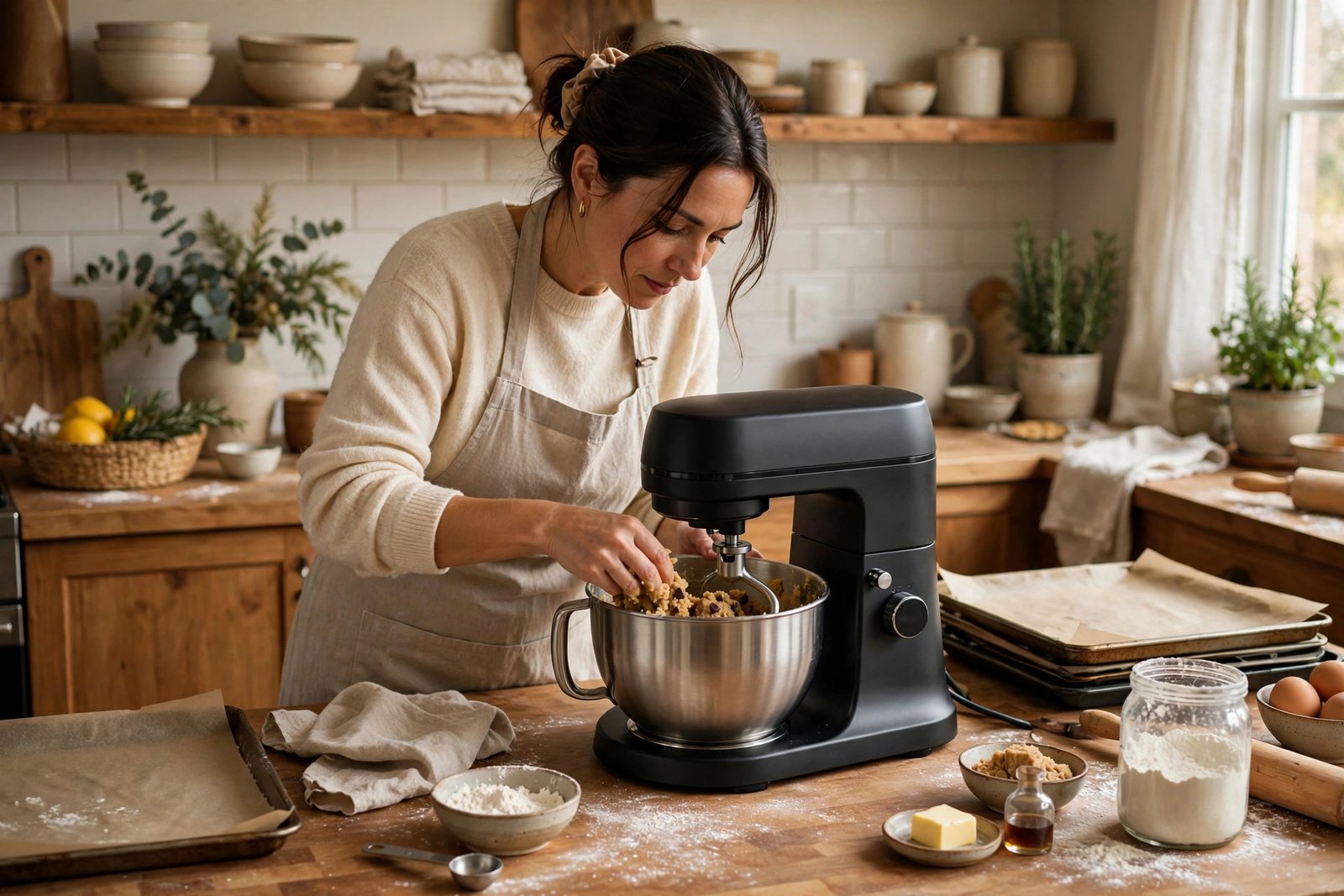 Home baker mixing cookie dough with a matte black stand mixer in a warm kitchen