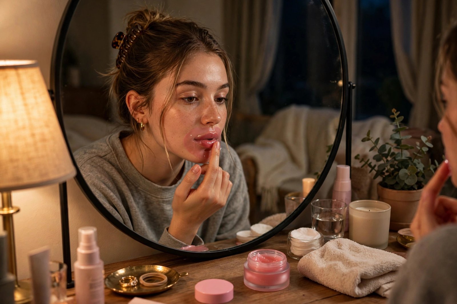 Young woman applying lip mask in front of a bedroom vanity mirror at night, with a small pink cosmetic jar open on the vanity
