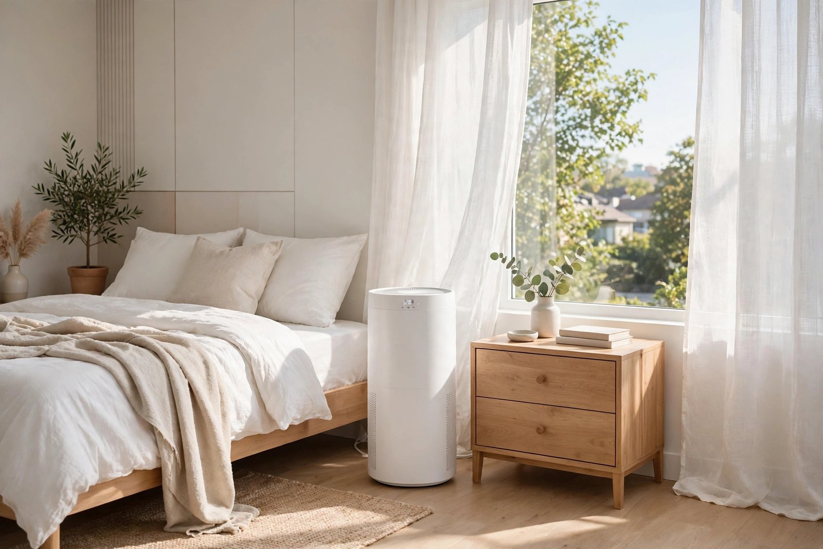 White Levoit Core 300 air purifier beside a nightstand in a bright modern bedroom with morning sunlight