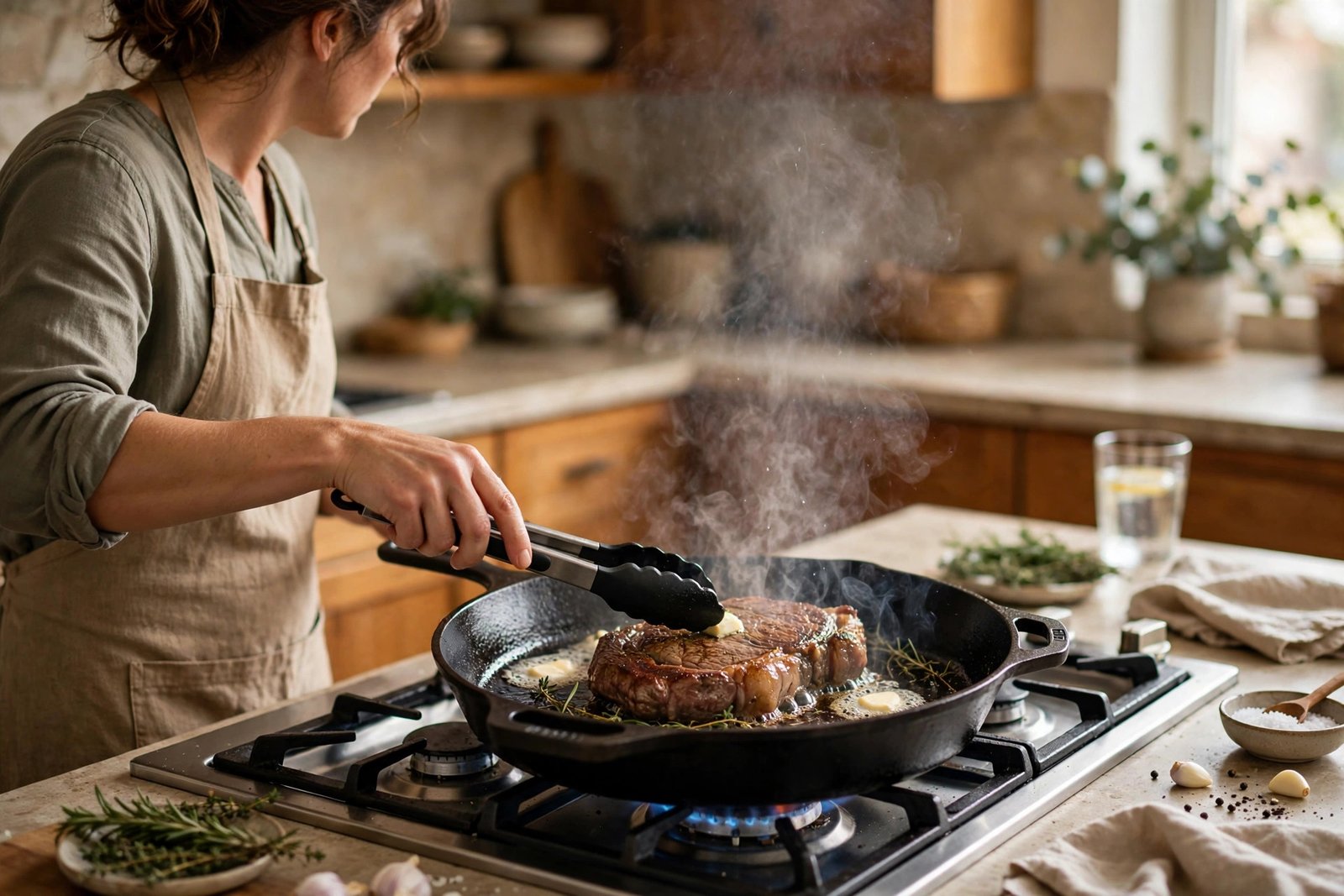 Home cook searing steak in a black cast iron skillet on a stovetop