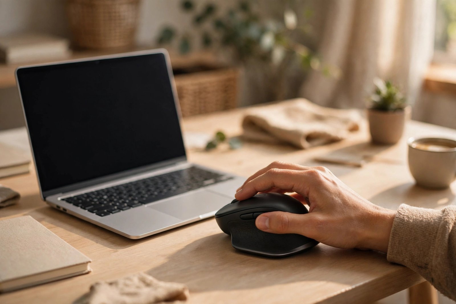 Hand using an ergonomic wireless mouse beside a laptop on a home office desk