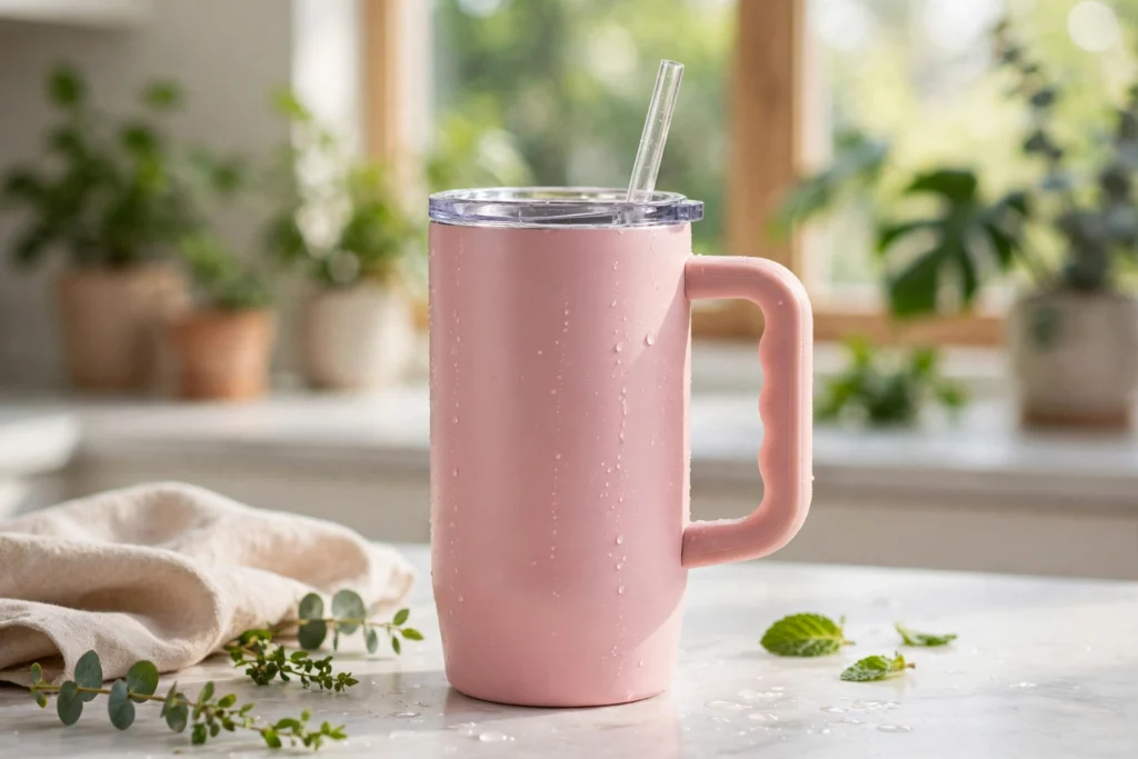 Stanley Quencher H2.0 40 oz tumbler in Rose Quartz pink with handle and straw