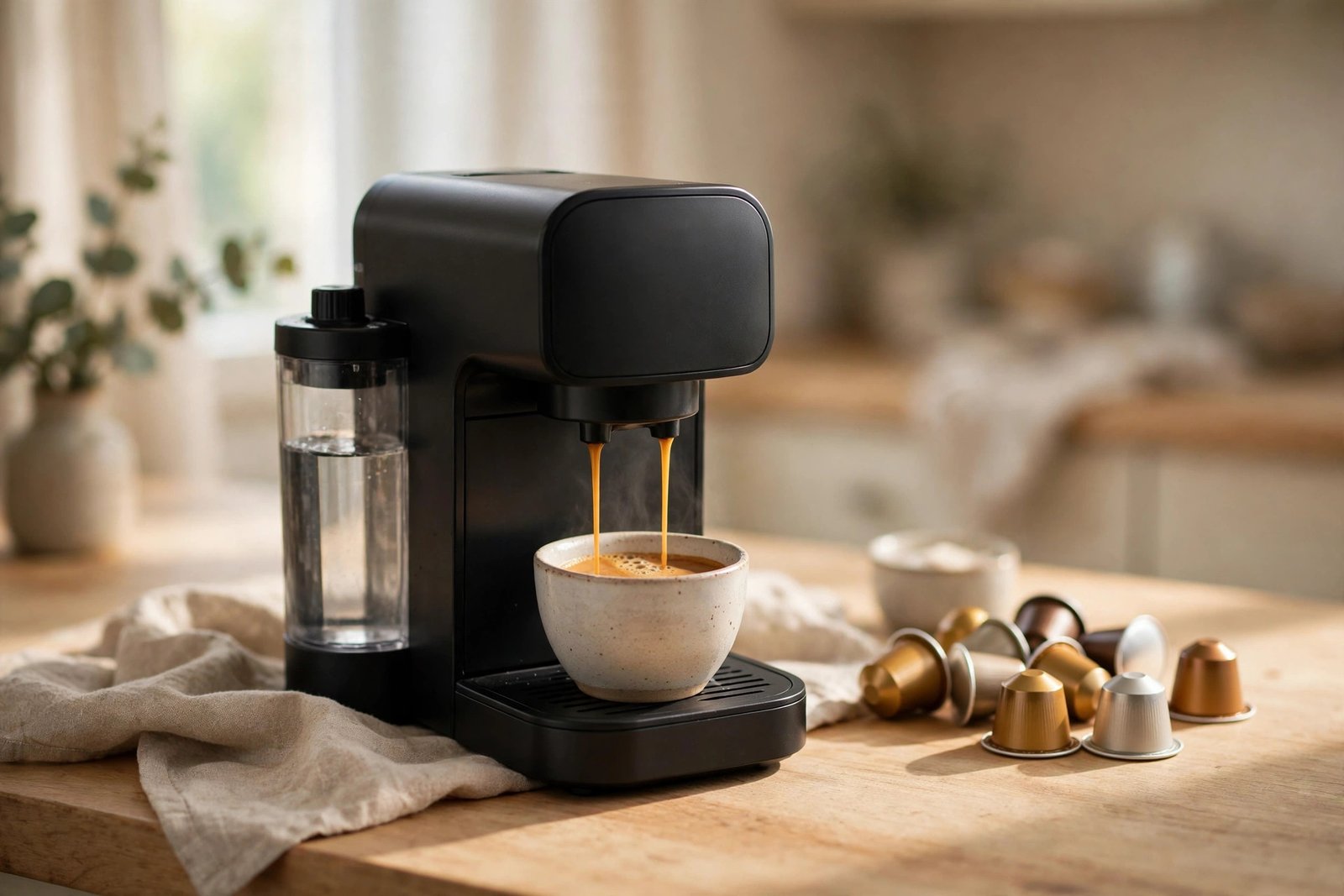 Small black espresso machine brewing espresso on a bright kitchen counter in the morning