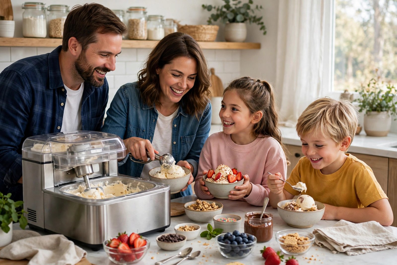 Family enjoying homemade ice cream from a countertop ice cream maker in a bright kitchen