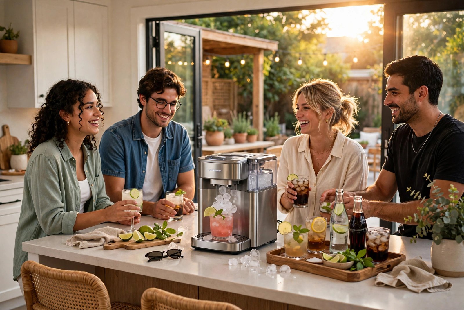 Friends enjoying drinks with the GE Profile Opal 2.0 ice maker at a summer party around a kitchen island