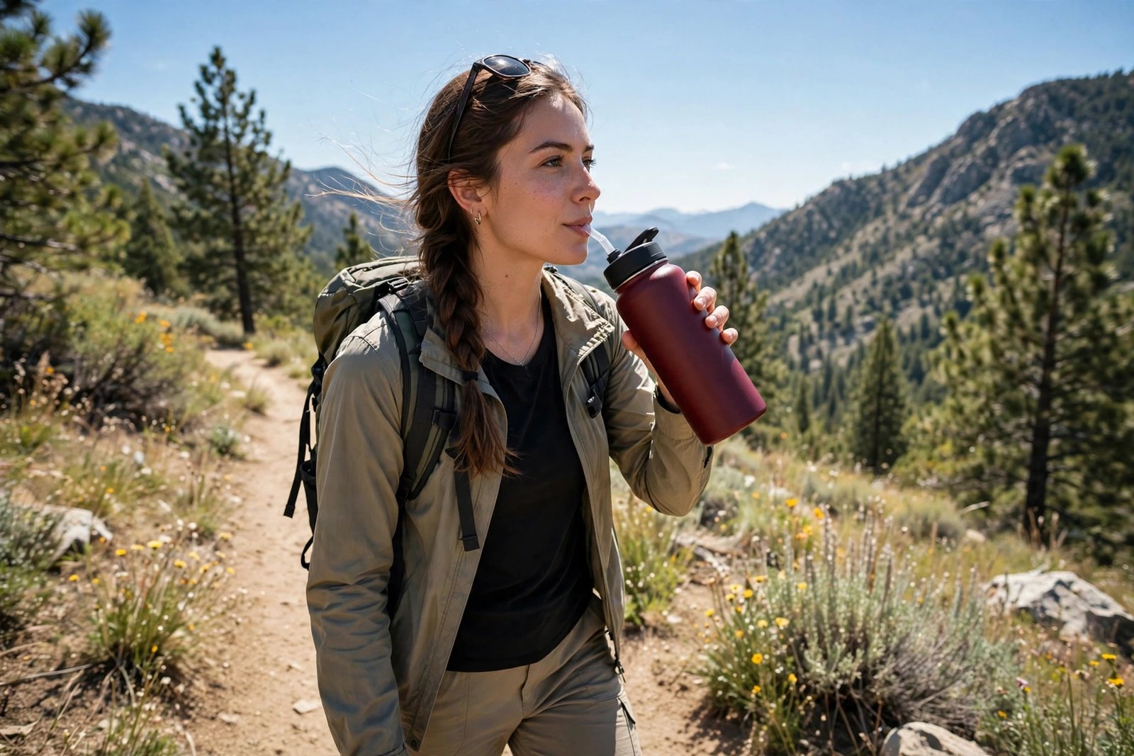 Hiker drinking from a dark red insulated water bottle on a sunny trail