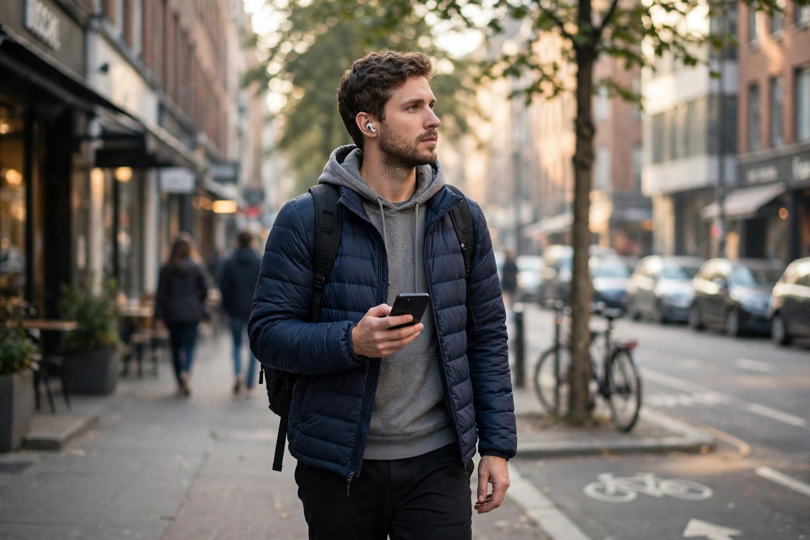 Commuter wearing wireless earbuds walking through a city street in morning light