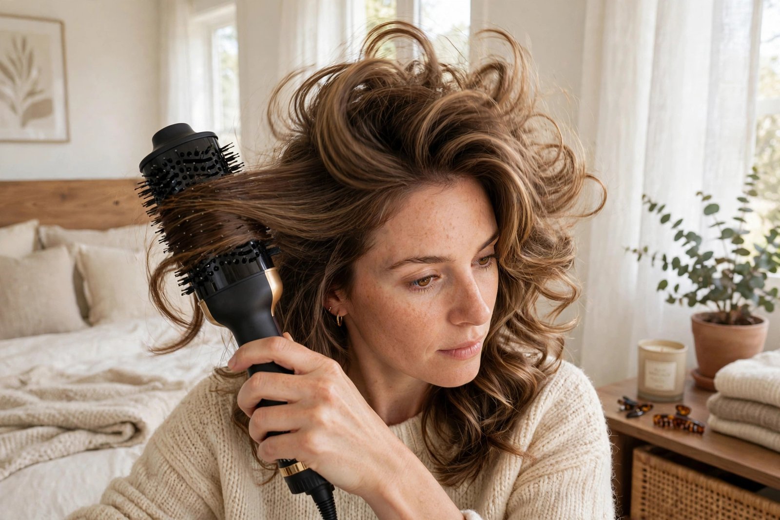 Woman styling her hair with a black oval hot air brush in a bright bedroom during a blowout