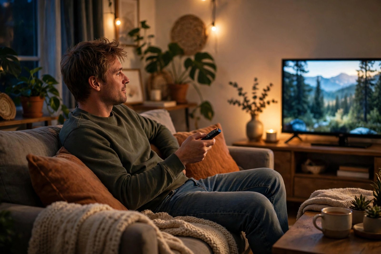 Person relaxing on a sofa at home holding a TV remote, television glowing in a cozy living room