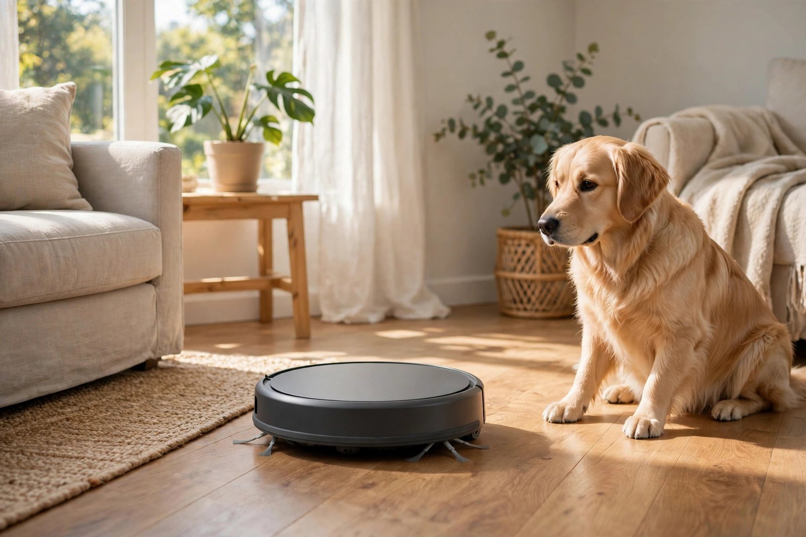 Robot vacuum cleaning a hardwood living room floor while a dog watches