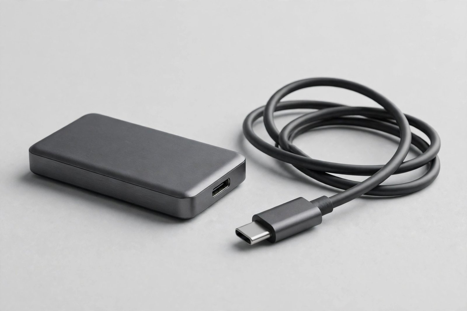 Samsung T7 portable SSD in Titan Gray with USB-C cable, studio product shot