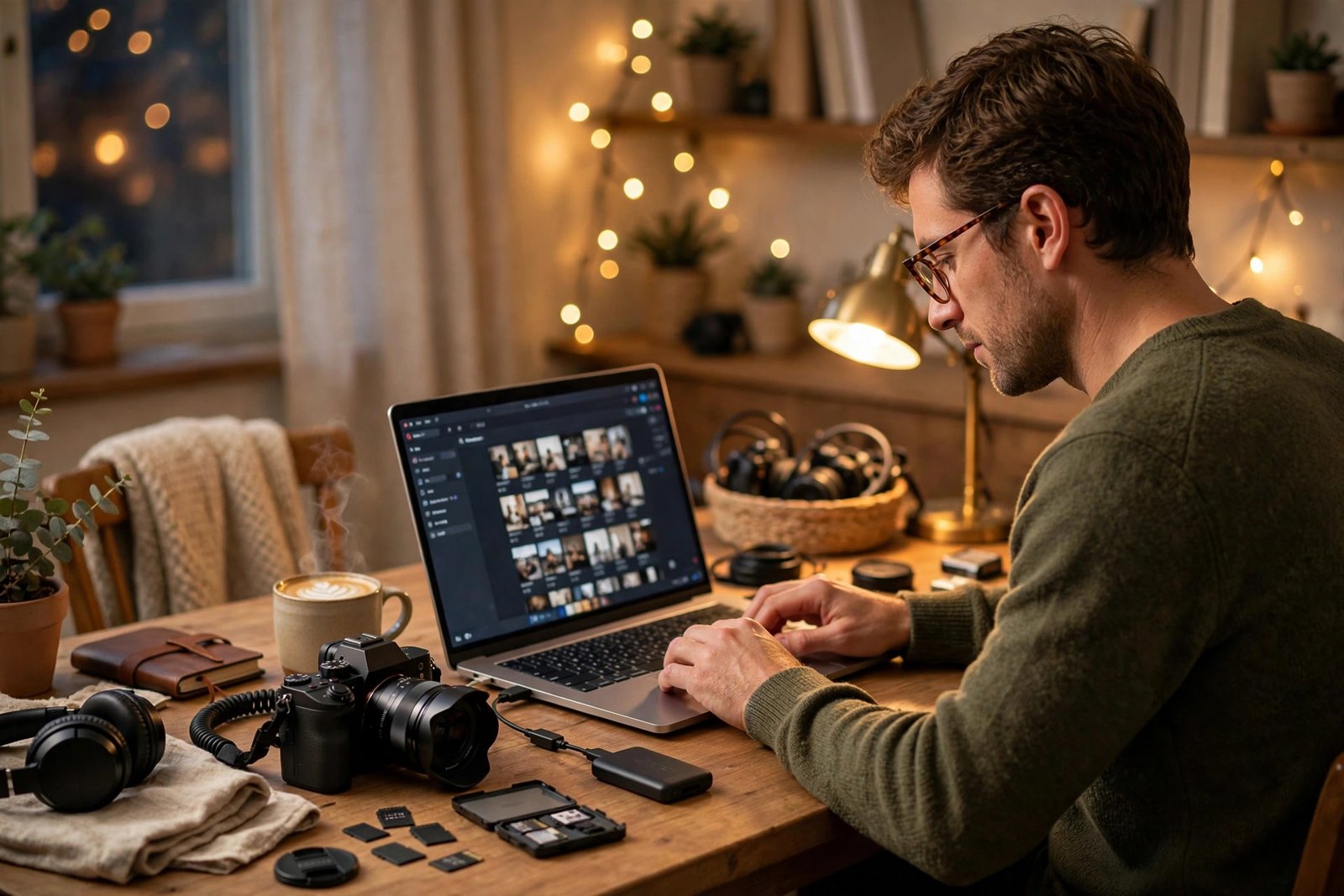 Photographer backing up photos from a laptop to a portable SSD at a home desk