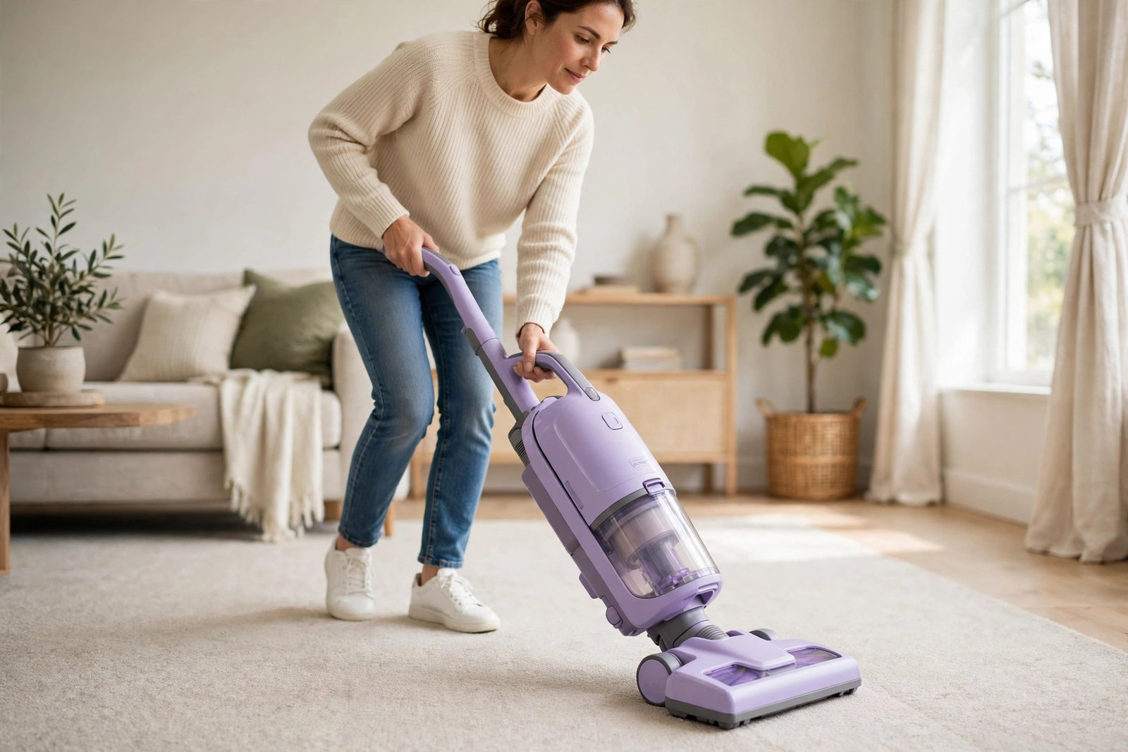 Person vacuuming a living room carpet with an upright Lift-Away vacuum