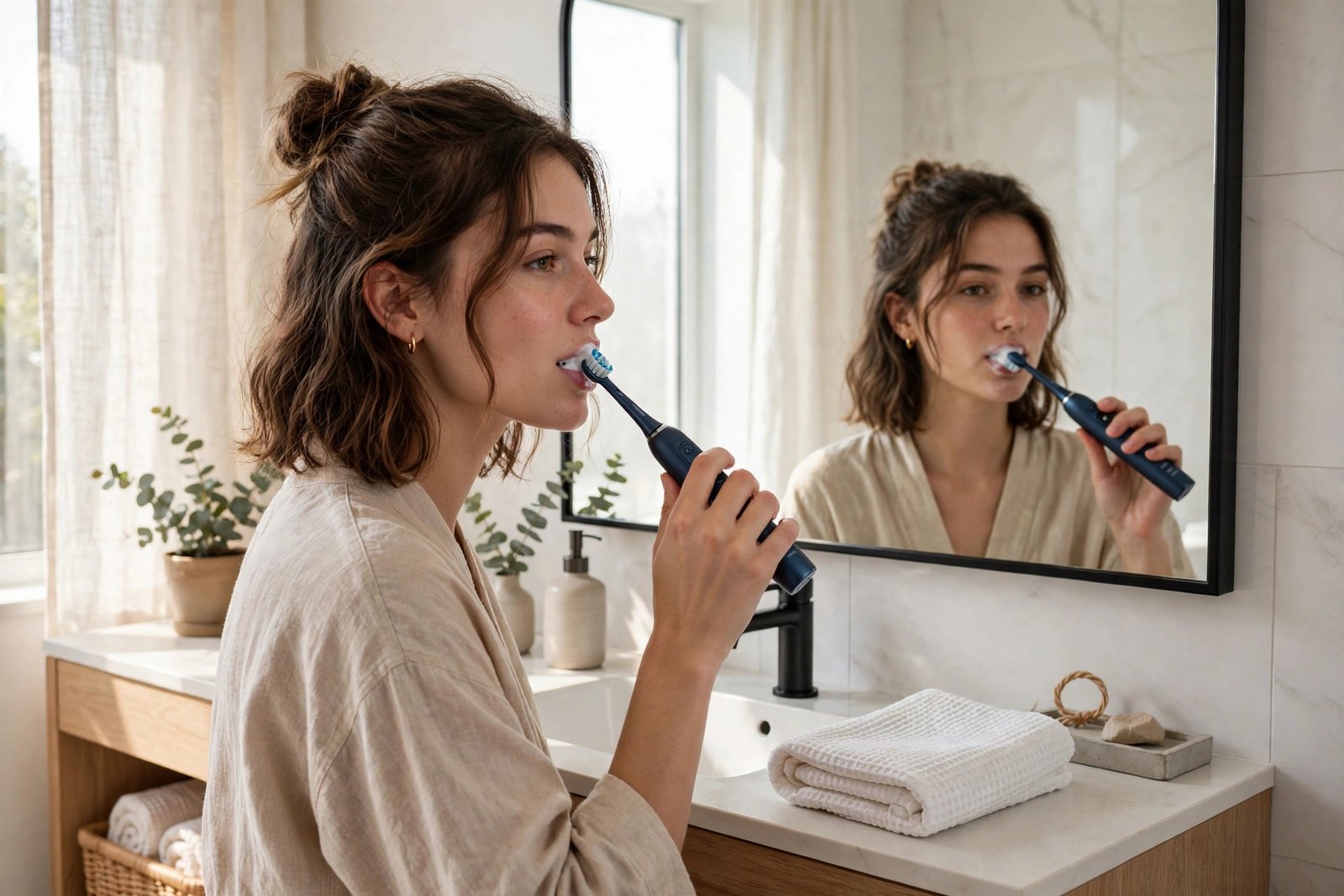 Person brushing teeth with a premium dark blue electric toothbrush in a bright modern bathroom