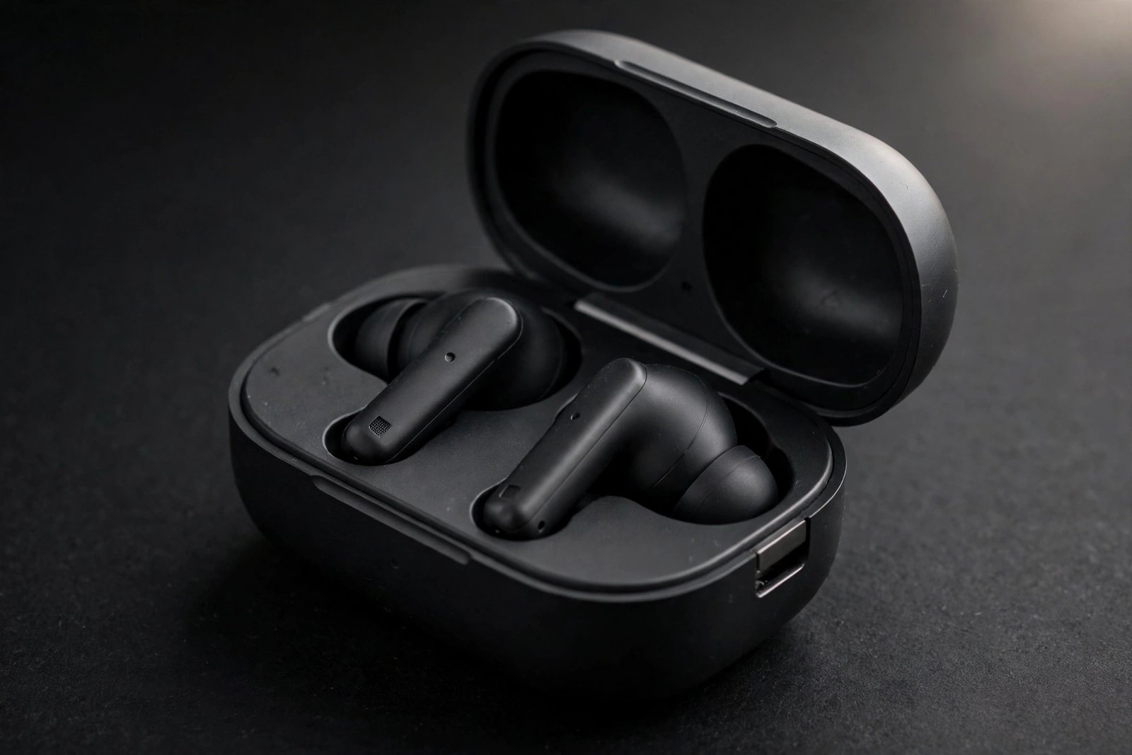 Sony WF-1000XM5 black wireless earbuds beside their charging case, studio product shot