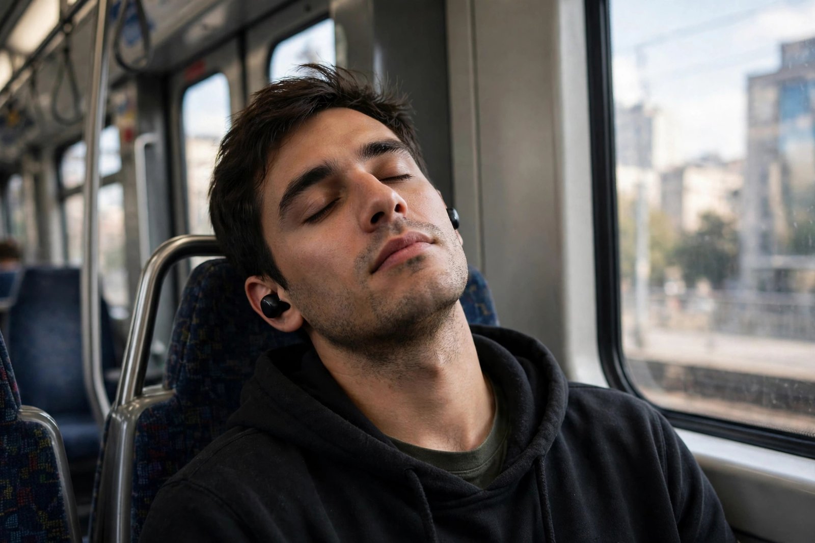 Commuter wearing black wireless earbuds on a city train, relaxed and listening