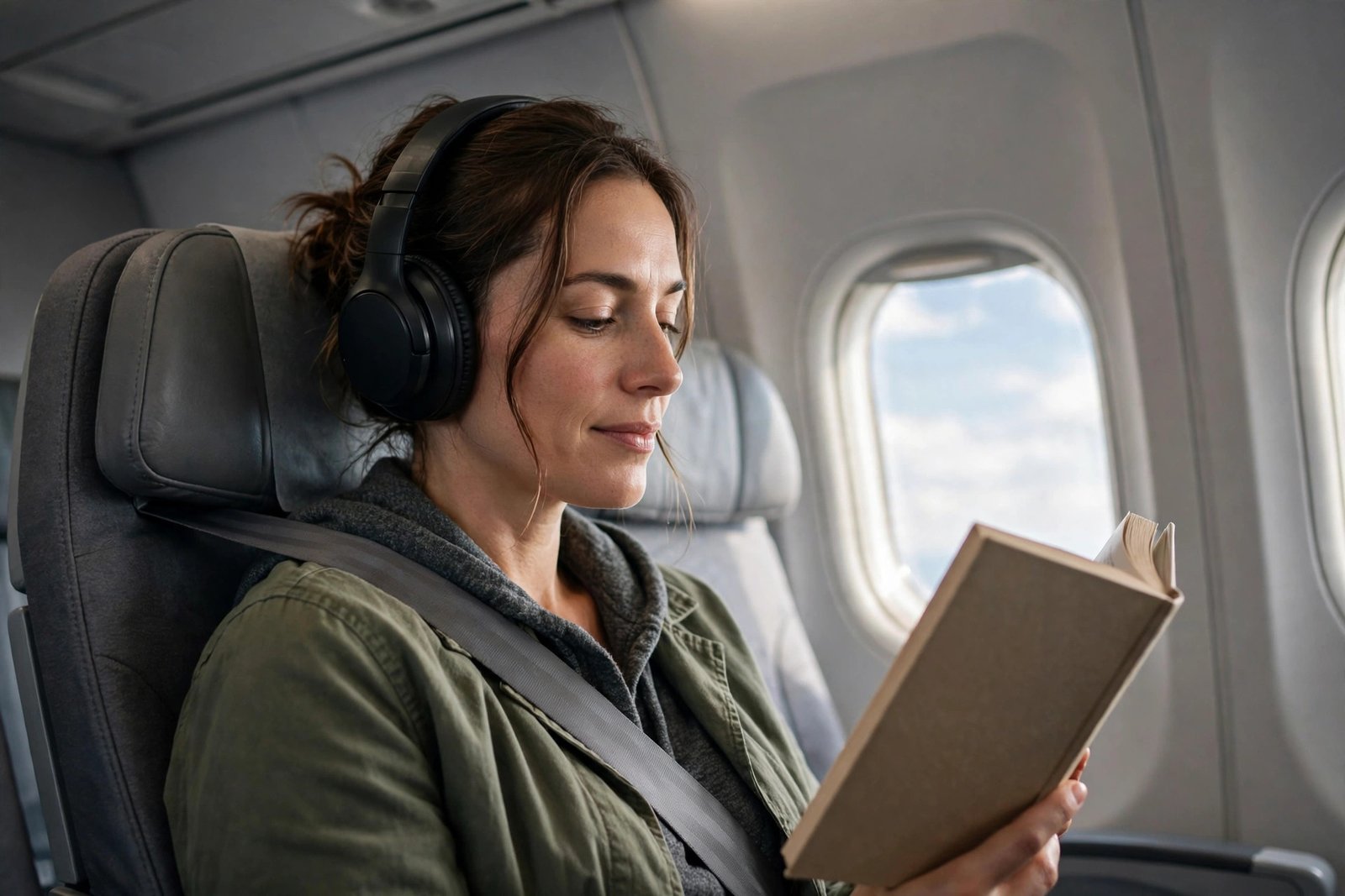 Traveler wearing black noise cancelling headphones relaxing on an airplane
