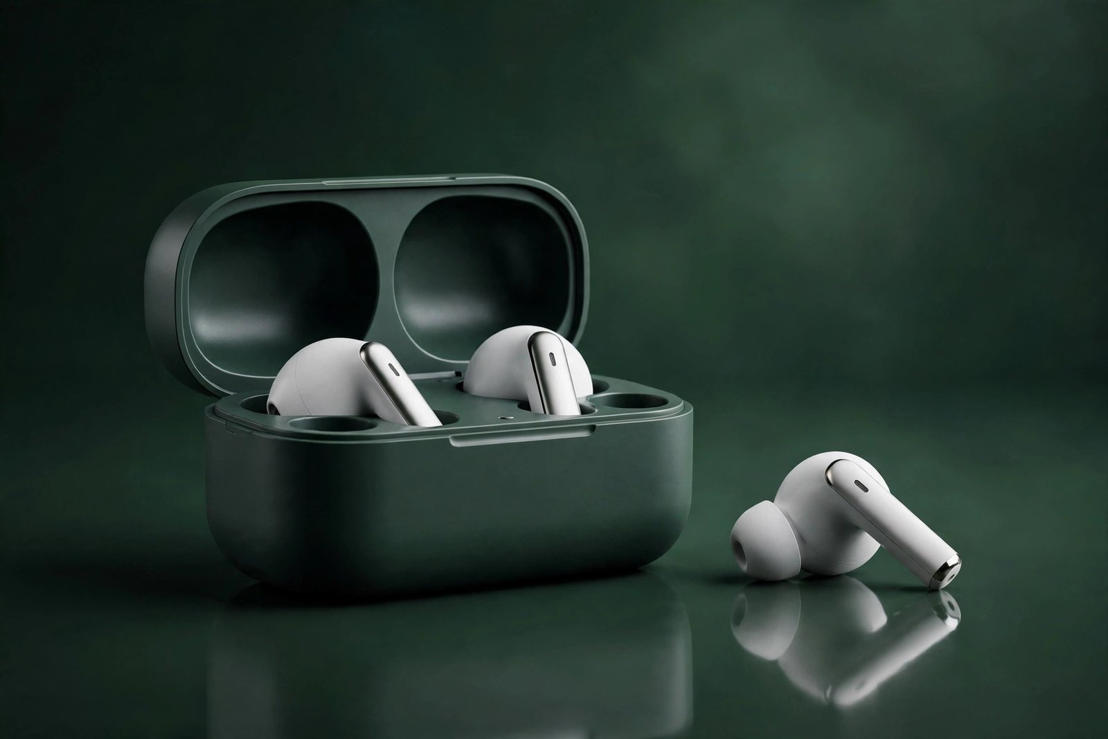 Soundcore P30i wireless earbuds in a dark-green charging case