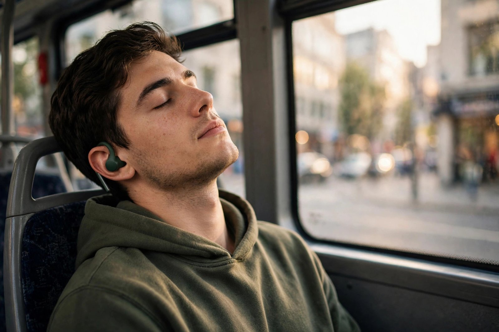 Commuter wearing Soundcore P30i earbuds on a city bus